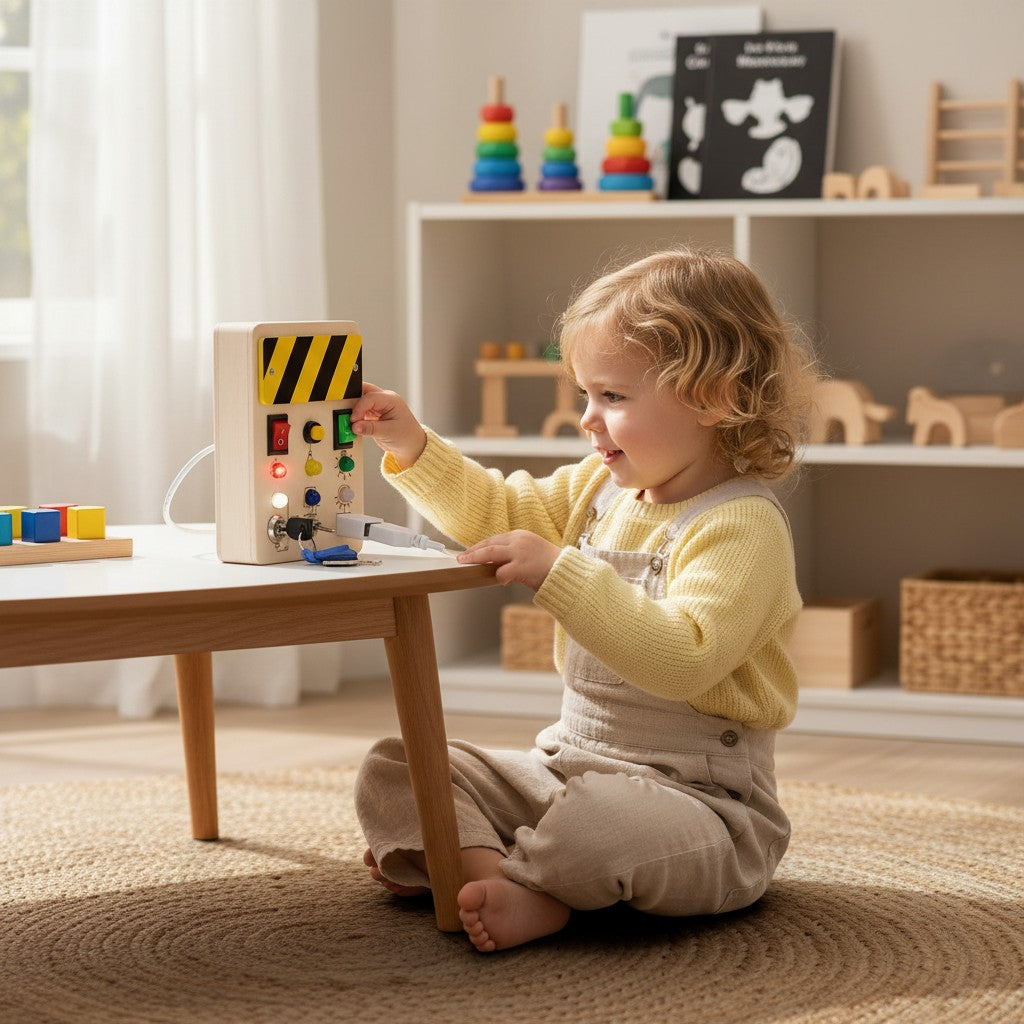 Planche occupée Montessori en bois avec interrupteurs, boutons, clé et prise USB pour l'apprentissage des enfants par Petit Éveil Montessori.