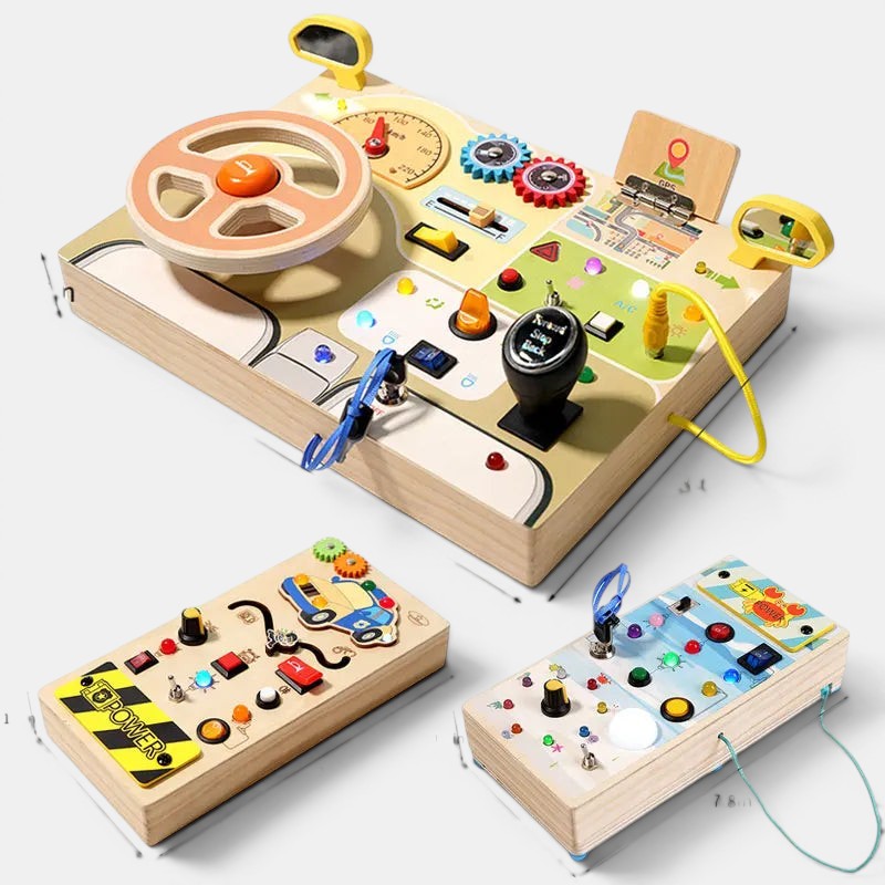 Planche occupée Montessori en bois avec volant, levier de vitesse, boutons et engrenages pour l'apprentissage des tout-petits par Petit Éveil Montessori.