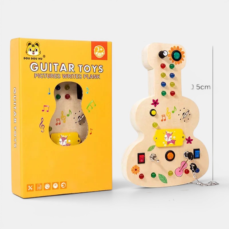 Planche occupée en bois Petit Éveil Montessori en forme de guitare avec boutons, interrupteurs et perles colorées pour l'éveil des tout-petits.