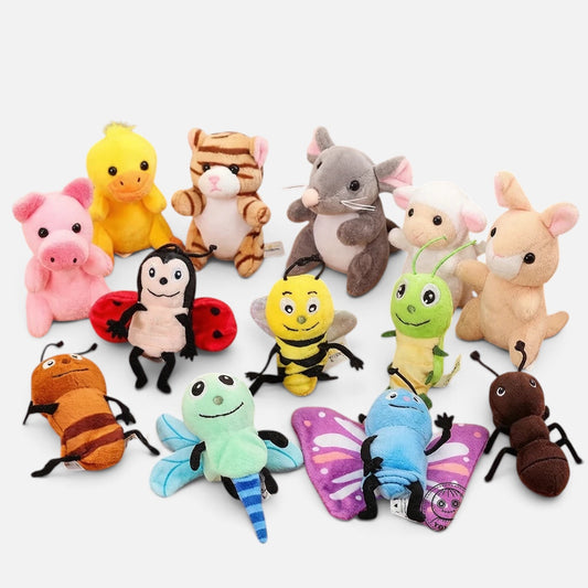 Petit Éveil Montessori collection of assorted plush animal and insect finger puppets for interactive storytelling