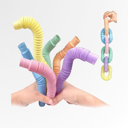 Petit Éveil Montessori : lot de 5 tubes sensoriels Pop Tube multicolores (rose, bleu, jaune, vert, orange, violet) en plastique, flexibles et extensibles, pour enfants.