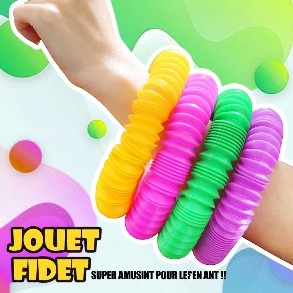 Petit Éveil Montessori : lot de 4 tubes sensoriels Pop Tube multicolores (jaune, rose, vert, violet) pour enfants, jouets anti-stress extensibles.