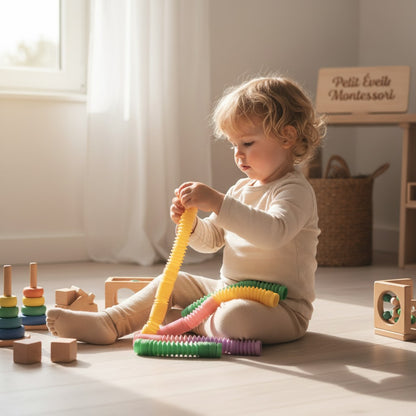 Lot de 4 tubes sensoriels Pop Tube Montessori de Petit Éveil Montessori, couleurs vives, jouets anti-stress pour enfants.
