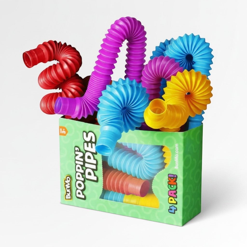 Petit Éveil Montessori : lot de 4 tubes sensoriels Pop Tube multicolores en plastique, flexibles et amusants pour enfants.