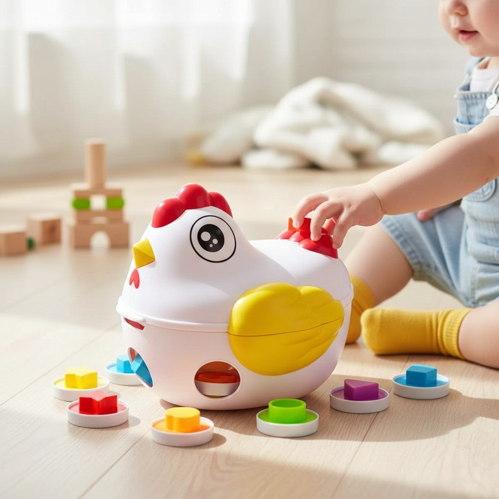 Petit Éveil Montessori : poule blanche avec des œufs colorés à formes pour trier et apprendre les couleurs et les formes.