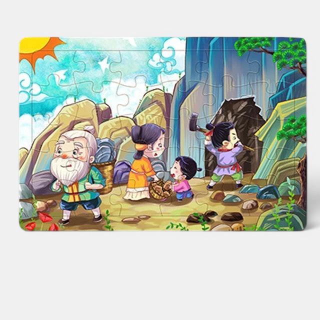 Petit Éveil Montessori puzzle 3D en bois éducatif avec des personnages de dessin animé dans un paysage rocheux.