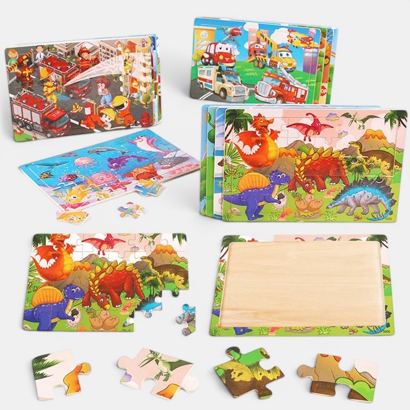 Petit Éveil Montessori, puzzles 3D en bois avec des animaux et des véhicules, éducatifs et colorés pour enfants.