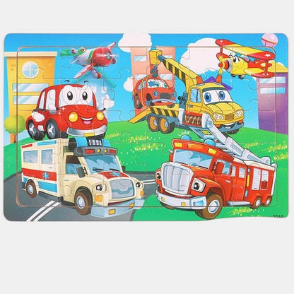 Puzzle 3D en bois Petit Éveil Montessori avec des véhicules et avions colorés, idéal pour l'apprentissage des enfants.