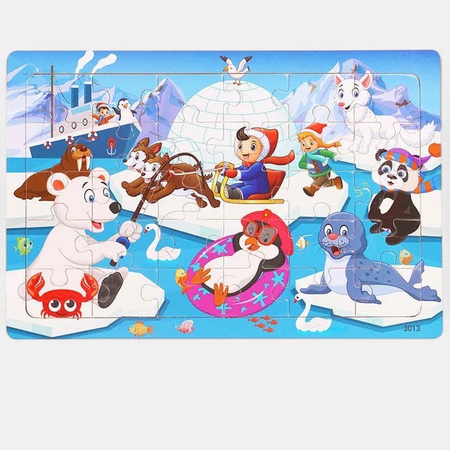 Puzzle 3D en bois Petit Éveil Montessori avec des animaux polaires, un enfant sur un traîneau et un bateau.