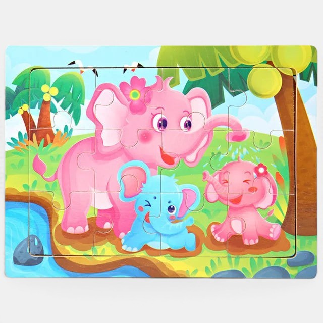 Puzzle Montessori 3D en bois Petit Éveil Montessori avec des éléphants roses et bleus dans un décor de jungle.