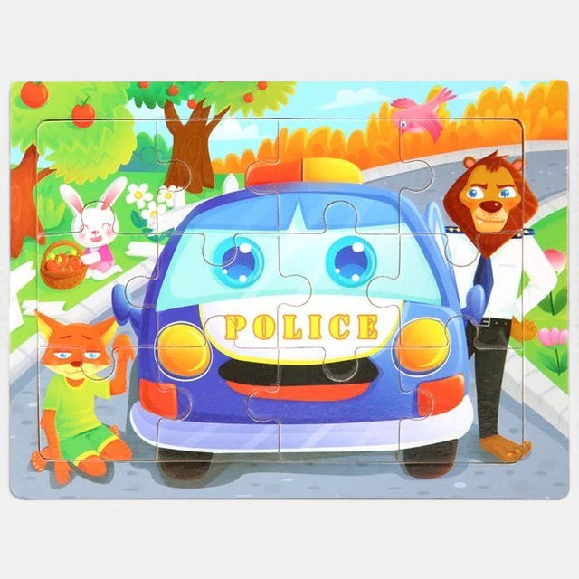 Puzzle 3D en bois Petit Éveil Montessori avec une voiture de police bleue, un lion policier, un renard et un lapin dans un décor de nature.