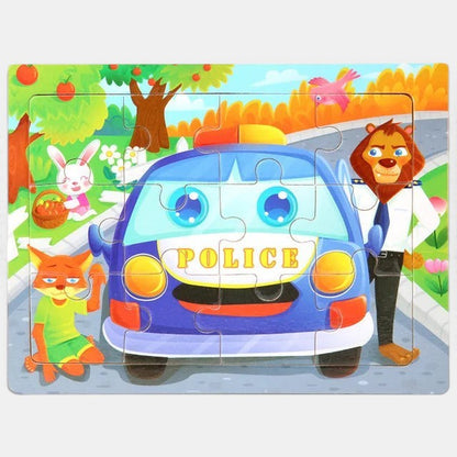 Puzzle 3D en bois Petit Éveil Montessori avec une voiture de police bleue, un lion policier, un renard et un lapin dans un décor de nature.