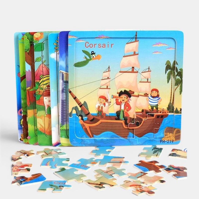 Petit Éveil Montessori Puzzle 3D en bois, 20 pièces, thème pirate et bateau "Corsair" avec perroquet et coffre au trésor.