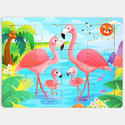 Puzzle 3D en bois Petit Éveil Montessori avec 4 flamants roses dans l'eau, paysage tropical, jeu éducatif pour enfants.