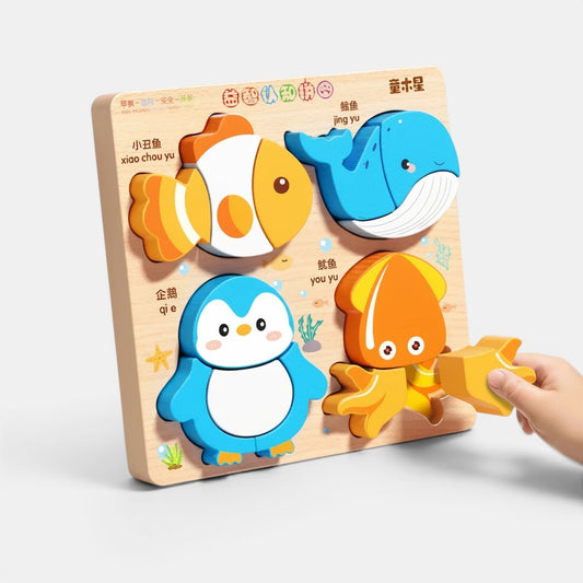 Puzzle Montessori en bois 3D avec animaux marins : poisson clown, baleine, pingouin et calamar. Idéal pour l'éveil des tout-petits.