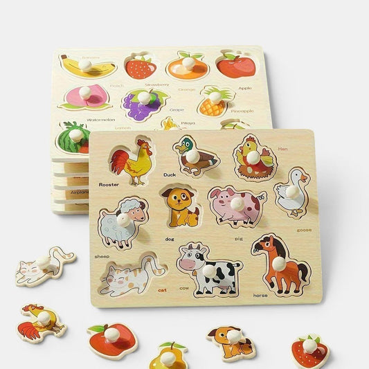 Petit Éveil Montessori planche de puzzle en bois avec des animaux de ferme et des fruits pour enfants.