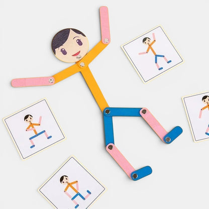Petit Éveil Montessori, puzzle articulé en bois coloré (orange, bleu, rose) avec des cartes modèles pour recréer des personnages.