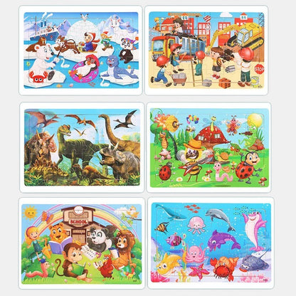 Petit Éveil Montessori, puzzle 3D en bois éducatif avec des animaux, dinosaures, insectes et scène marine.