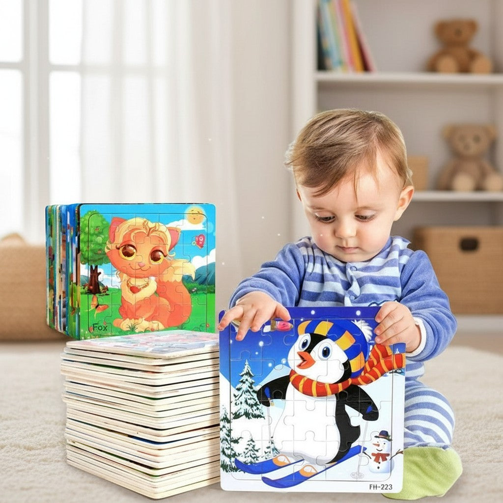 Puzzle Montessori 3D en bois Petit Éveil Montessori avec un renard et un pingouin skieur, 20 pièces.