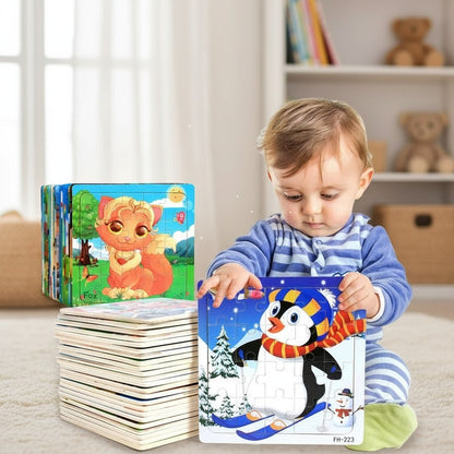 Puzzle Montessori 3D en bois Petit Éveil Montessori avec un renard et un pingouin skieur, 20 pièces.