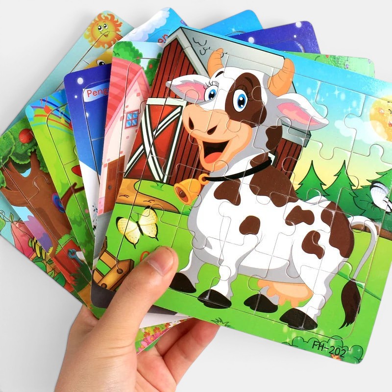 Puzzle Montessori 3D en bois Petit Éveil Montessori avec vache, ferme et papillon. 20 pièces.