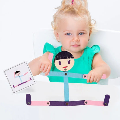 Petit Éveil Montessori, puzzle en bois articulé pour enfant, couleurs rose, violet et bleu, avec carte modèle.