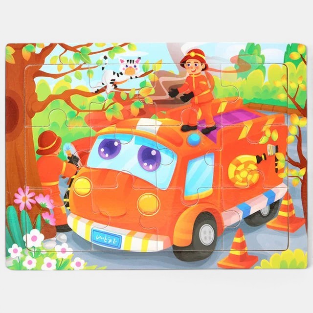 Petit Éveil Montessori Puzzle 3D en bois avec camion de pompiers, pompiers et animaux, jeu éducatif pour enfants.