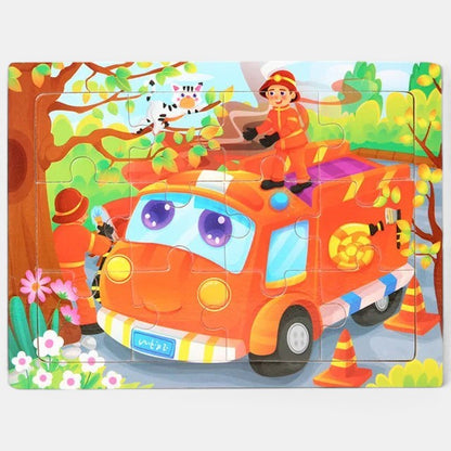 Petit Éveil Montessori Puzzle 3D en bois avec camion de pompiers, pompiers et animaux, jeu éducatif pour enfants.