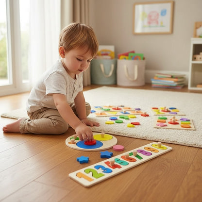 Petit Éveil Montessori : jeune enfant jouant avec un puzzle en bois de formes géométriques et de chiffres.