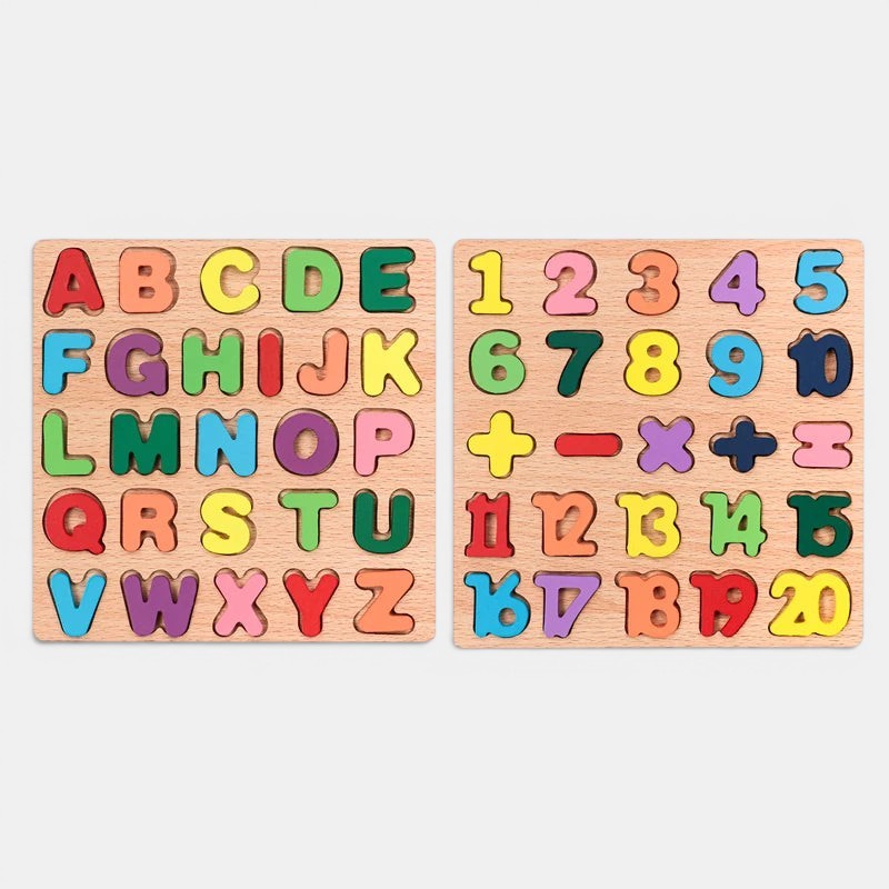 Petit Éveil Montessori : Puzzle en bois avec lettres colorées et chiffres pour l'apprentissage des enfants.