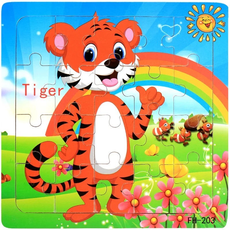 Puzzle Montessori 3D en bois Petit Éveil Montessori avec un tigre joyeux, un arc-en-ciel et des fleurs.