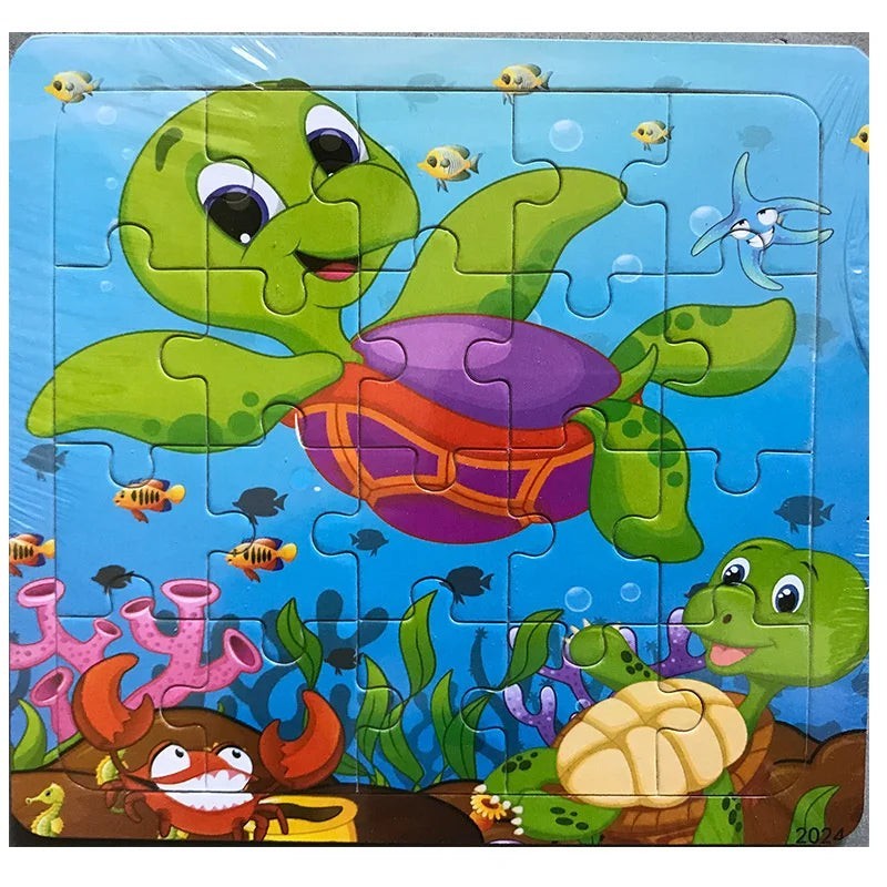 Puzzle Montessori 3D en bois Petit Éveil Montessori avec 2 tortues, un crabe et des poissons sous-marins. 20 pièces.