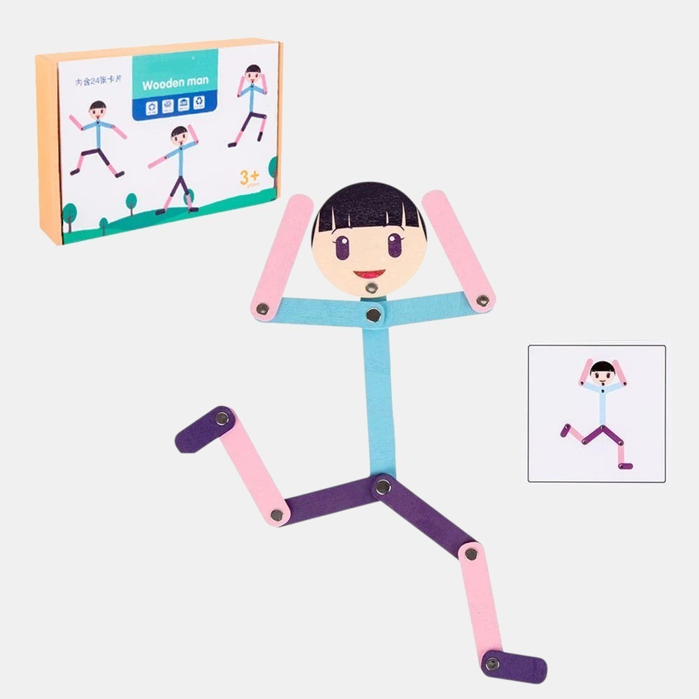Petit Éveil Montessori, puzzle en bois articulé en forme de bonhomme, couleurs rose, bleu et violet, pour enfants dès 3 ans.