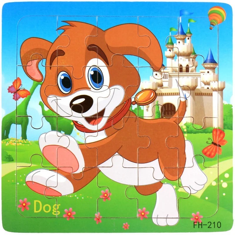 Puzzle Montessori 3D en bois Petit Éveil Montessori avec un chien marron joyeux, un château et des papillons.