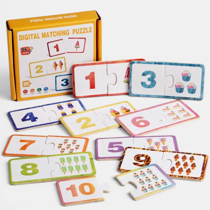 Petit Éveil Montessori Puzzle en bois éducatif avec chiffres et images assorties, idéal pour l'apprentissage des tout-petits.