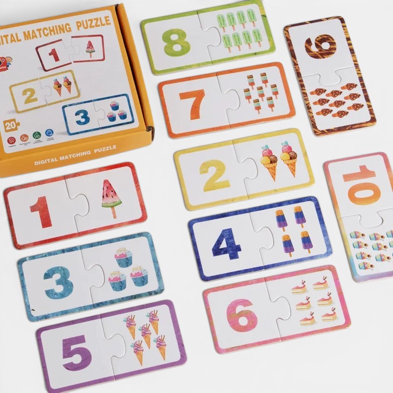 Petit Éveil Montessori, puzzle en bois éducatif avec chiffres et images assorties (glaces, gâteaux, sucettes). Idéal pour l'apprentissage.