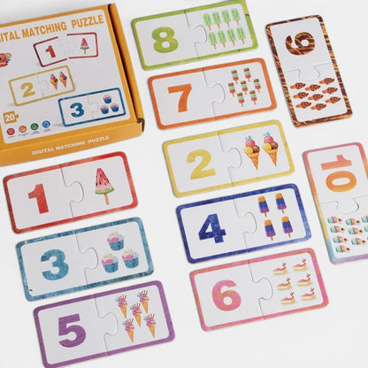 Petit Éveil Montessori, puzzle en bois éducatif avec chiffres et images assorties (glaces, gâteaux, sucettes). Idéal pour l'apprentissage.