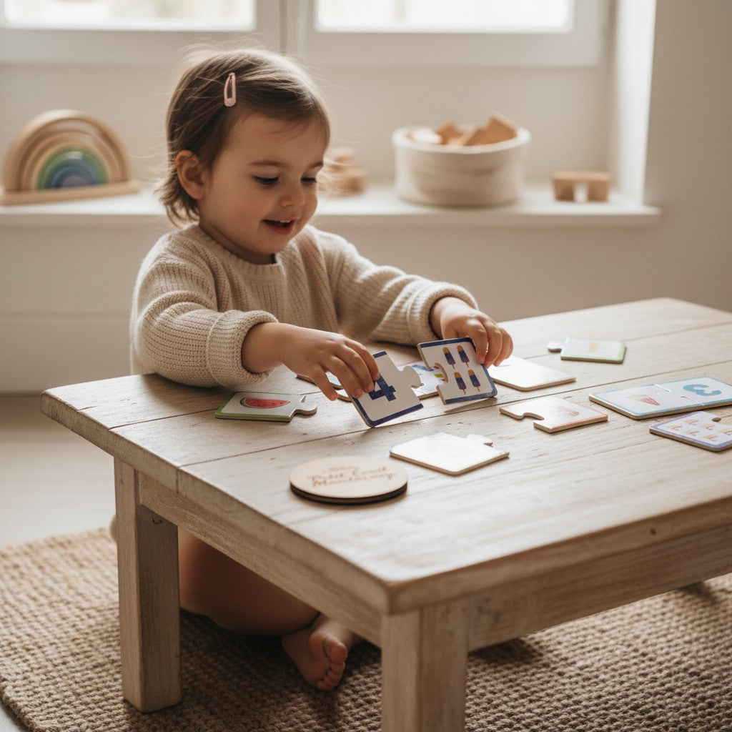 Petit Éveil Montessori : Puzzle en bois éducatif avec chiffres et illustrations (glaces, fruits). Idéal pour l'apprentissage.