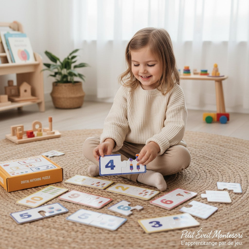 Petit Éveil Montessori : Puzzle en bois éducatif avec chiffres et images assorties (glaces, gâteaux, sucettes). Idéal pour l'apprentissage.