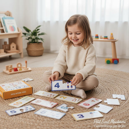 Petit Éveil Montessori : Puzzle en bois éducatif avec chiffres et images assorties (glaces, gâteaux, sucettes). Idéal pour l'apprentissage.