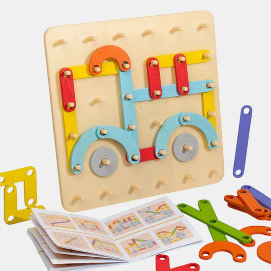 Puzzle de construction en bois Petit Éveil Montessori avec des pièces colorées pour former un camion. Idéal pour la motricité.