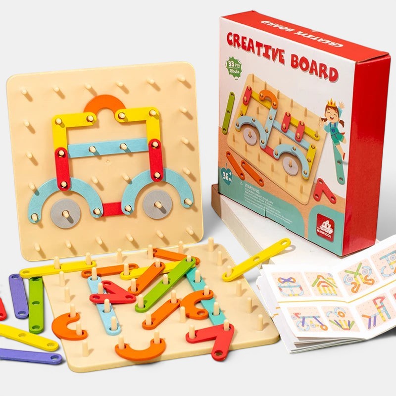 Puzzle de construction en bois Petit Éveil Montessori, jeu créatif avec blocs colorés pour développer la motricité et la logique.