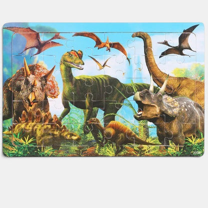 Petit Éveil Montessori Puzzle 3D Animaux en bois éducatif avec dinosaures et ptérodactyles dans un décor préhistorique.