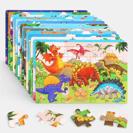 Petit Éveil Montessori - Puzzle 3D en bois avec des dinosaures colorés, jeu éducatif pour enfants.