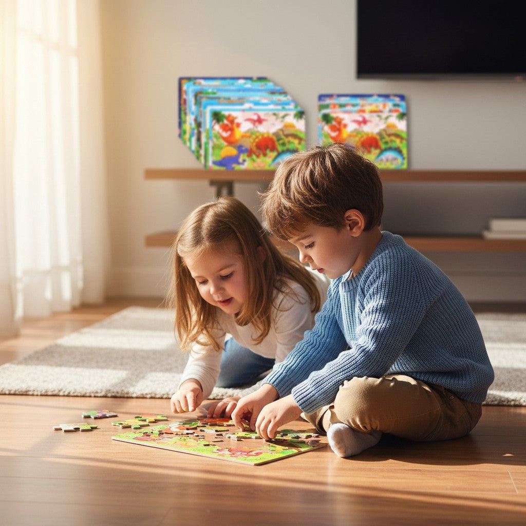 Petit Éveil Montessori - Puzzle 3D en bois avec des dinosaures colorés, jeu éducatif pour enfants.