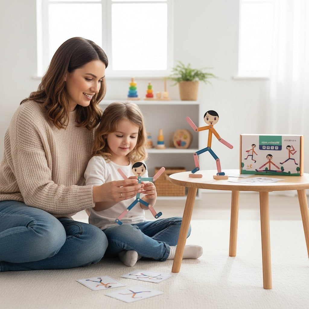 Petit Éveil Montessori, puzzle en bois articulé représentant des personnages colorés, idéal pour développer la motricité et la créativité.