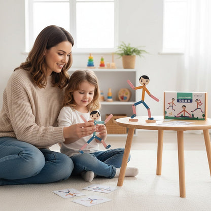 Petit Éveil Montessori, puzzle en bois articulé représentant des personnages colorés, idéal pour développer la motricité et la créativité.