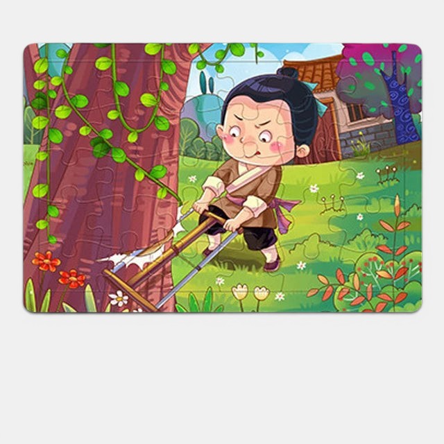 Petit Éveil Montessori, puzzle 3D en bois représentant un enfant avec une brouette, décor champêtre coloré.