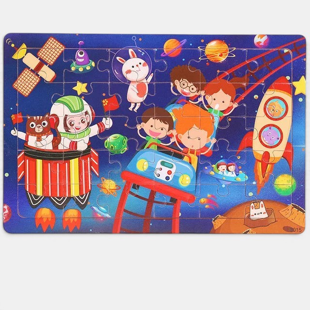 Puzzle 3D Petit Éveil Montessori sur le thème de l'espace avec des enfants, des animaux et des fusées.