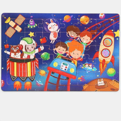 Puzzle 3D Petit Éveil Montessori sur le thème de l'espace avec des enfants, des animaux et des fusées.